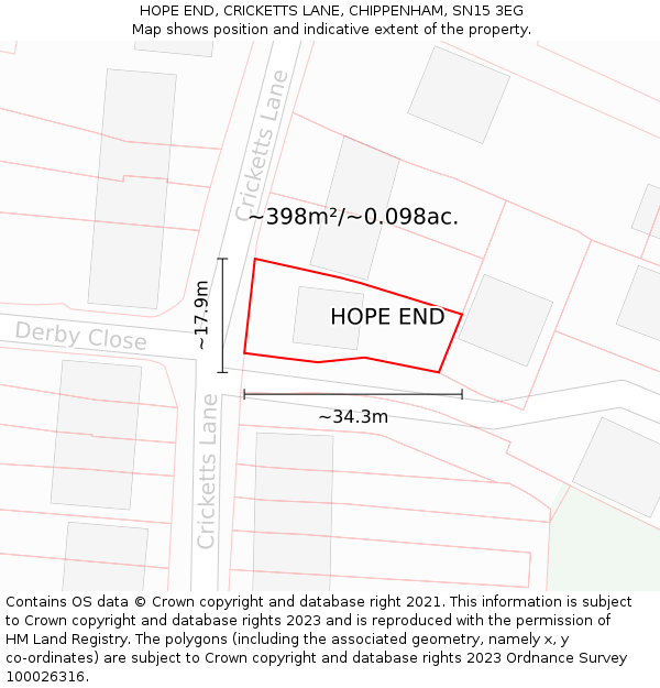 HOPE END, CRICKETTS LANE, CHIPPENHAM, SN15 3EG: Plot and title map