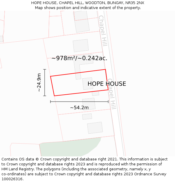 HOPE HOUSE, CHAPEL HILL, WOODTON, BUNGAY, NR35 2NX: Plot and title map