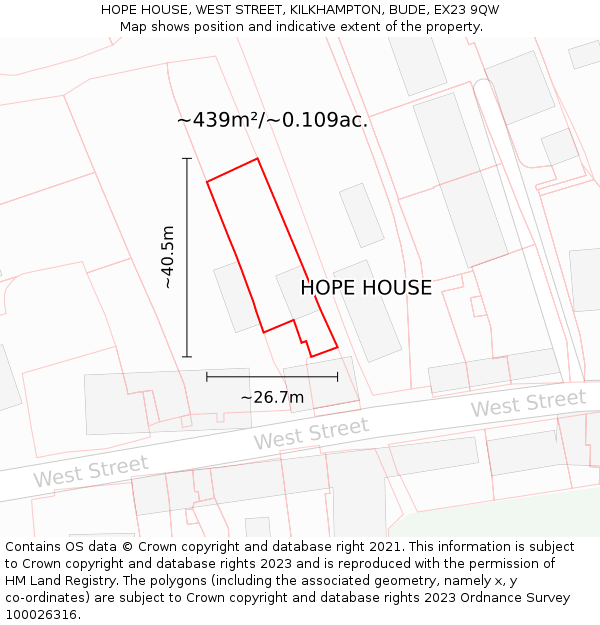 HOPE HOUSE, WEST STREET, KILKHAMPTON, BUDE, EX23 9QW: Plot and title map