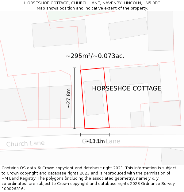 HORSESHOE COTTAGE, CHURCH LANE, NAVENBY, LINCOLN, LN5 0EG: Plot and title map