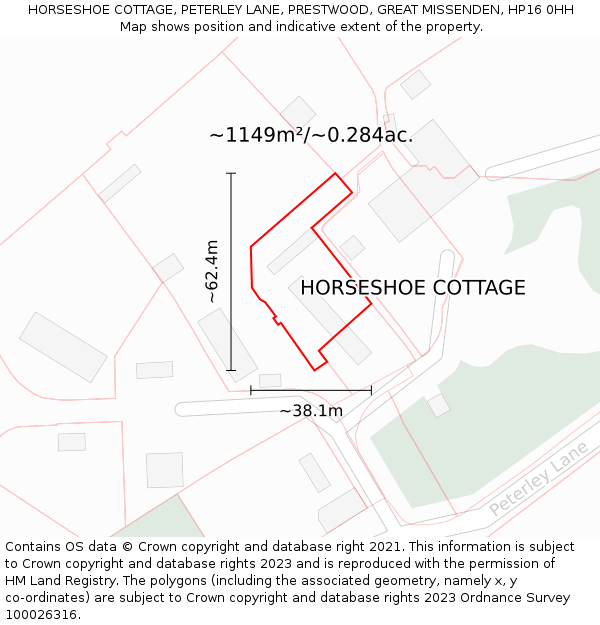 HORSESHOE COTTAGE, PETERLEY LANE, PRESTWOOD, GREAT MISSENDEN, HP16 0HH: Plot and title map
