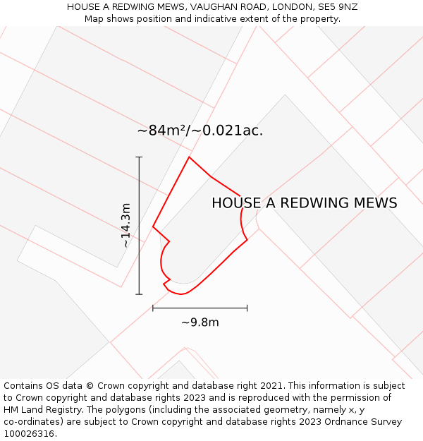 HOUSE A REDWING MEWS, VAUGHAN ROAD, LONDON, SE5 9NZ: Plot and title map