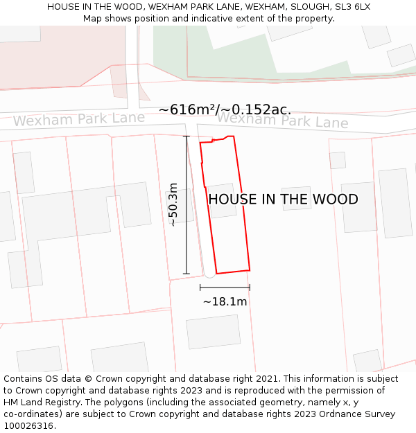 HOUSE IN THE WOOD, WEXHAM PARK LANE, WEXHAM, SLOUGH, SL3 6LX: Plot and title map