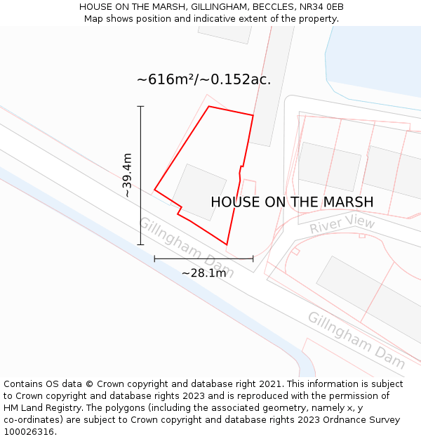 HOUSE ON THE MARSH, GILLINGHAM, BECCLES, NR34 0EB: Plot and title map