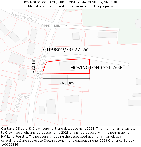 HOVINGTON COTTAGE, UPPER MINETY, MALMESBURY, SN16 9PT: Plot and title map