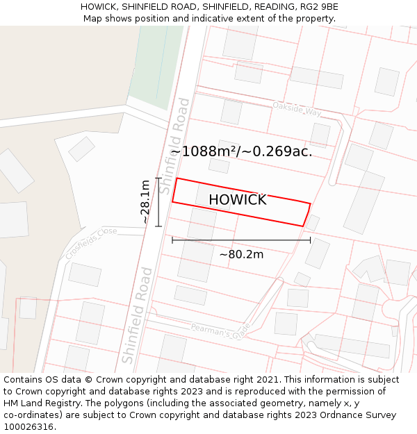 HOWICK, SHINFIELD ROAD, SHINFIELD, READING, RG2 9BE: Plot and title map