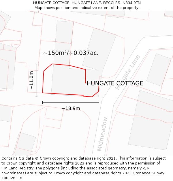 HUNGATE COTTAGE, HUNGATE LANE, BECCLES, NR34 9TN: Plot and title map