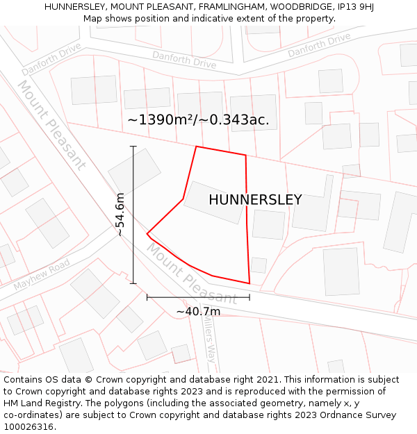 HUNNERSLEY, MOUNT PLEASANT, FRAMLINGHAM, WOODBRIDGE, IP13 9HJ: Plot and title map