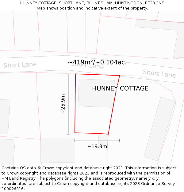 HUNNEY COTTAGE, SHORT LANE, BLUNTISHAM, HUNTINGDON, PE28 3NS: Plot and title map