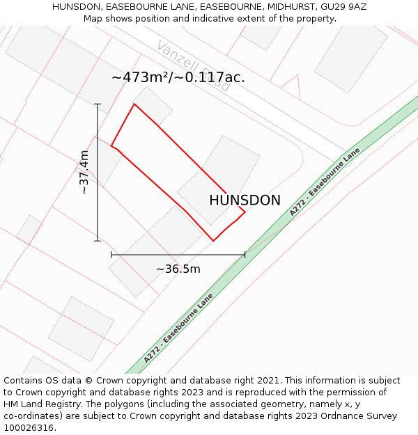 HUNSDON, EASEBOURNE LANE, EASEBOURNE, MIDHURST, GU29 9AZ: Plot and title map
