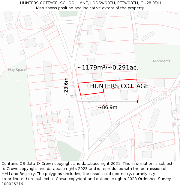 HUNTERS COTTAGE, SCHOOL LANE, LODSWORTH, PETWORTH, GU28 9DH: Plot and title map