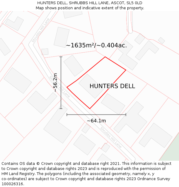 HUNTERS DELL, SHRUBBS HILL LANE, ASCOT, SL5 0LD: Plot and title map