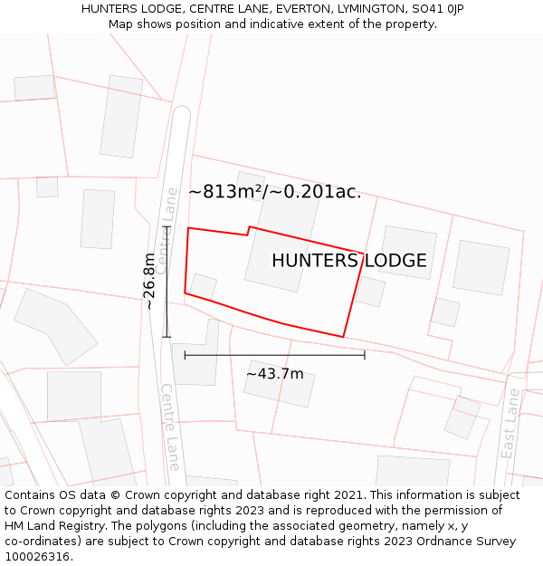 HUNTERS LODGE, CENTRE LANE, EVERTON, LYMINGTON, SO41 0JP: Plot and title map