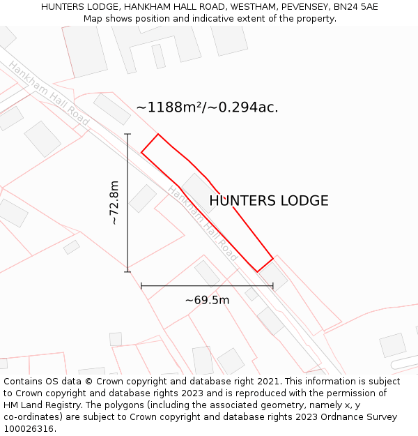 HUNTERS LODGE, HANKHAM HALL ROAD, WESTHAM, PEVENSEY, BN24 5AE: Plot and title map