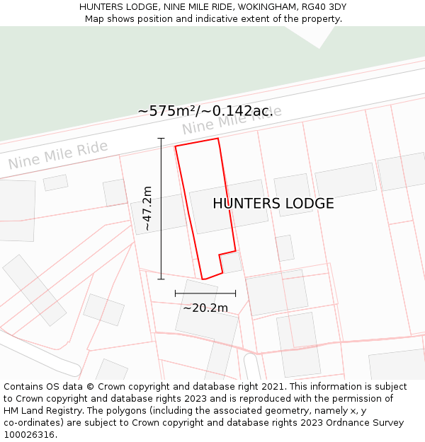 HUNTERS LODGE, NINE MILE RIDE, WOKINGHAM, RG40 3DY: Plot and title map