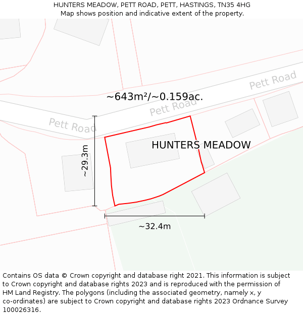 HUNTERS MEADOW, PETT ROAD, PETT, HASTINGS, TN35 4HG: Plot and title map