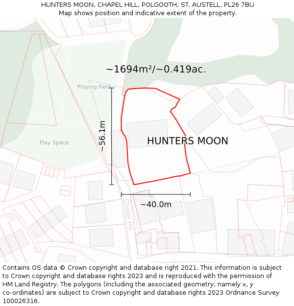 HUNTERS MOON, CHAPEL HILL, POLGOOTH, ST. AUSTELL, PL26 7BU: Plot and title map