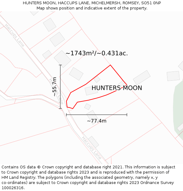 HUNTERS MOON, HACCUPS LANE, MICHELMERSH, ROMSEY, SO51 0NP: Plot and title map