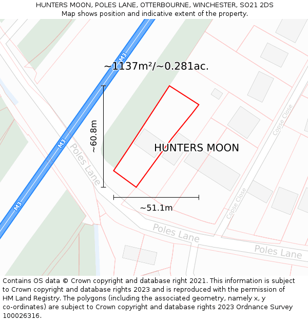 HUNTERS MOON, POLES LANE, OTTERBOURNE, WINCHESTER, SO21 2DS: Plot and title map