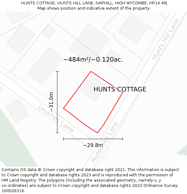 HUNTS COTTAGE, HUNTS HILL LANE, NAPHILL, HIGH WYCOMBE, HP14 4RJ: Plot and title map