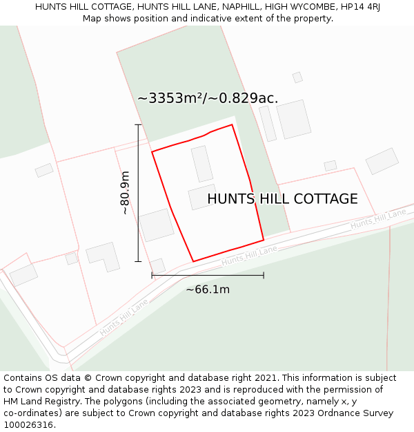 HUNTS HILL COTTAGE, HUNTS HILL LANE, NAPHILL, HIGH WYCOMBE, HP14 4RJ: Plot and title map