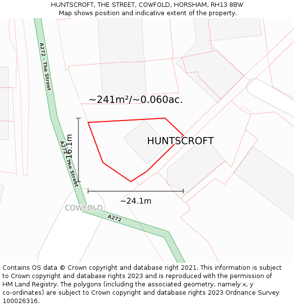 HUNTSCROFT, THE STREET, COWFOLD, HORSHAM, RH13 8BW: Plot and title map