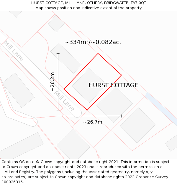 HURST COTTAGE, MILL LANE, OTHERY, BRIDGWATER, TA7 0QT: Plot and title map