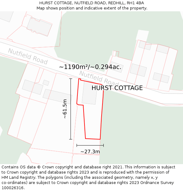 HURST COTTAGE, NUTFIELD ROAD, REDHILL, RH1 4BA: Plot and title map