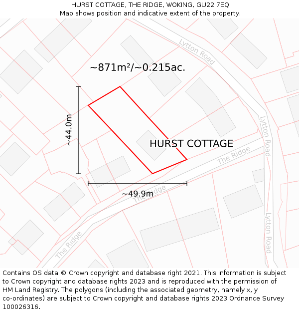 HURST COTTAGE, THE RIDGE, WOKING, GU22 7EQ: Plot and title map