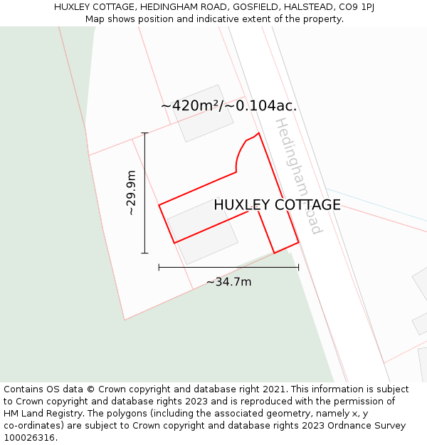 HUXLEY COTTAGE, HEDINGHAM ROAD, GOSFIELD, HALSTEAD, CO9 1PJ: Plot and title map