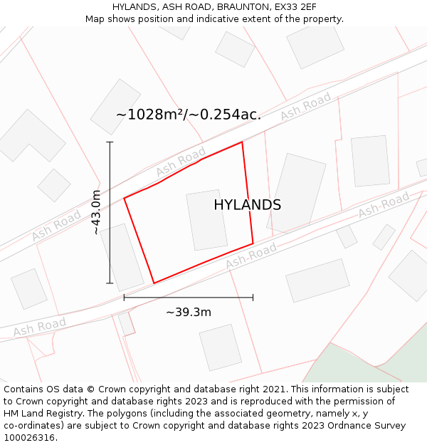 HYLANDS, ASH ROAD, BRAUNTON, EX33 2EF: Plot and title map