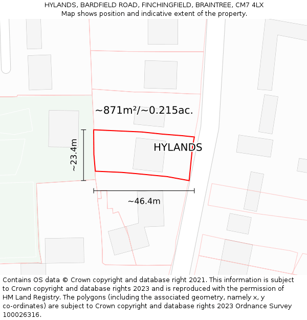 HYLANDS, BARDFIELD ROAD, FINCHINGFIELD, BRAINTREE, CM7 4LX: Plot and title map