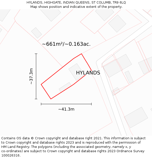 HYLANDS, HIGHGATE, INDIAN QUEENS, ST COLUMB, TR9 6LQ: Plot and title map