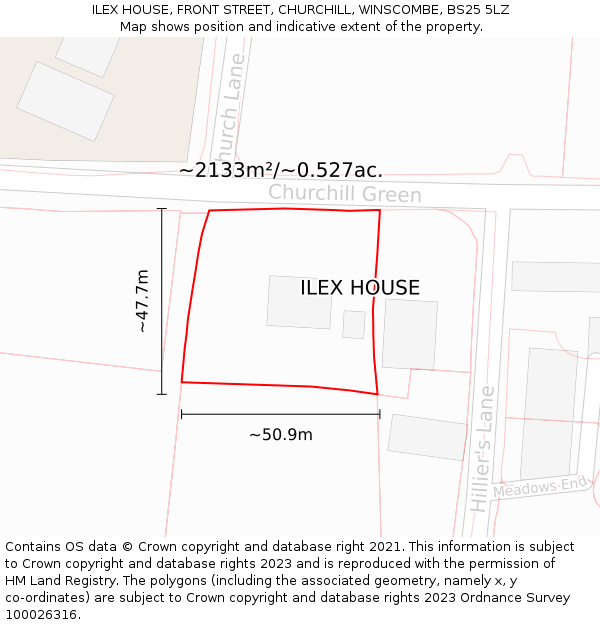 ILEX HOUSE, FRONT STREET, CHURCHILL, WINSCOMBE, BS25 5LZ: Plot and title map