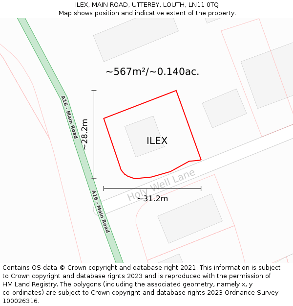 ILEX, MAIN ROAD, UTTERBY, LOUTH, LN11 0TQ: Plot and title map