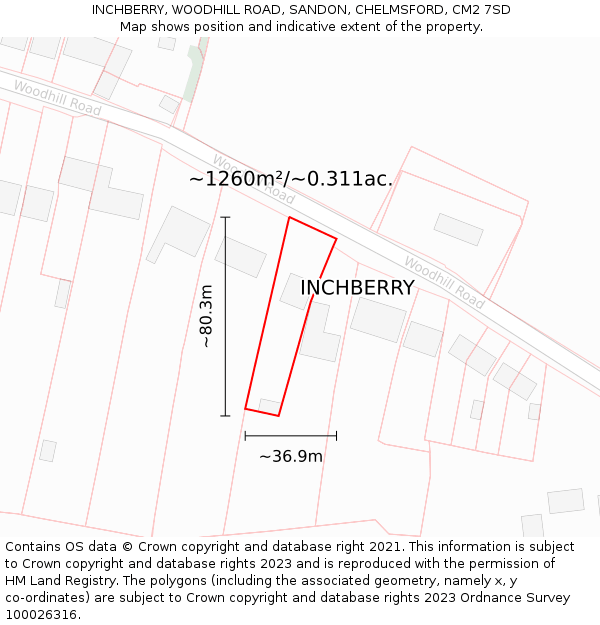 INCHBERRY, WOODHILL ROAD, SANDON, CHELMSFORD, CM2 7SD: Plot and title map