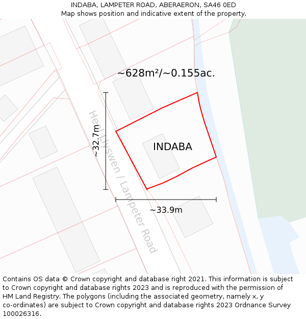 INDABA, LAMPETER ROAD, ABERAERON, SA46 0ED: Plot and title map