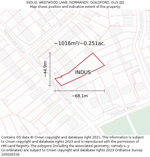 INDUS, WESTWOOD LANE, NORMANDY, GUILDFORD, GU3 2JQ: Plot and title map