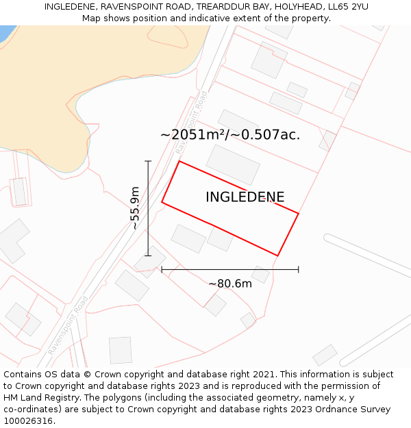 INGLEDENE, RAVENSPOINT ROAD, TREARDDUR BAY, HOLYHEAD, LL65 2YU: Plot and title map