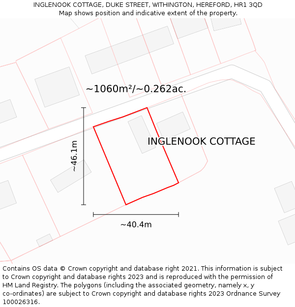 INGLENOOK COTTAGE, DUKE STREET, WITHINGTON, HEREFORD, HR1 3QD: Plot and title map