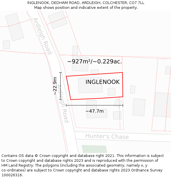 INGLENOOK, DEDHAM ROAD, ARDLEIGH, COLCHESTER, CO7 7LL: Plot and title map