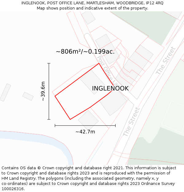 INGLENOOK, POST OFFICE LANE, MARTLESHAM, WOODBRIDGE, IP12 4RQ: Plot and title map