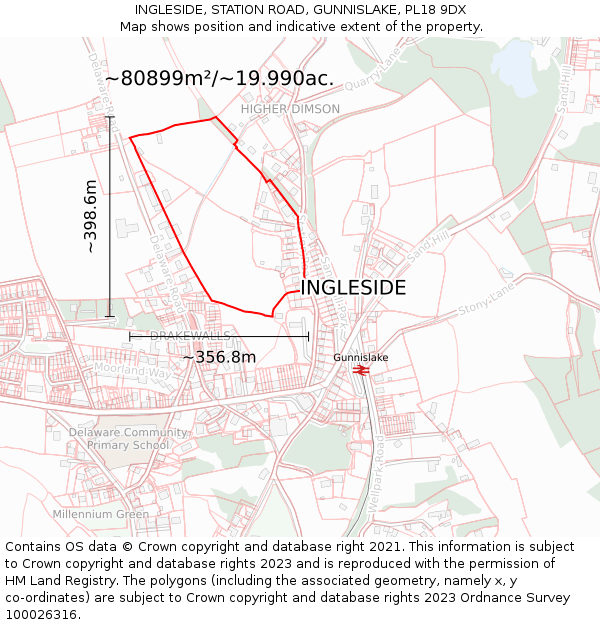 INGLESIDE, STATION ROAD, GUNNISLAKE, PL18 9DX: Plot and title map