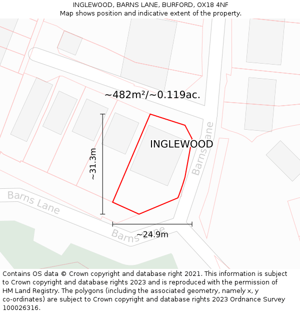 INGLEWOOD, BARNS LANE, BURFORD, OX18 4NF: Plot and title map
