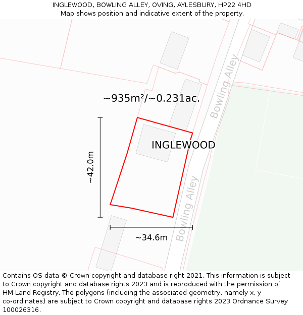 INGLEWOOD, BOWLING ALLEY, OVING, AYLESBURY, HP22 4HD: Plot and title map