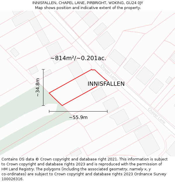 INNISFALLEN, CHAPEL LANE, PIRBRIGHT, WOKING, GU24 0JY: Plot and title map