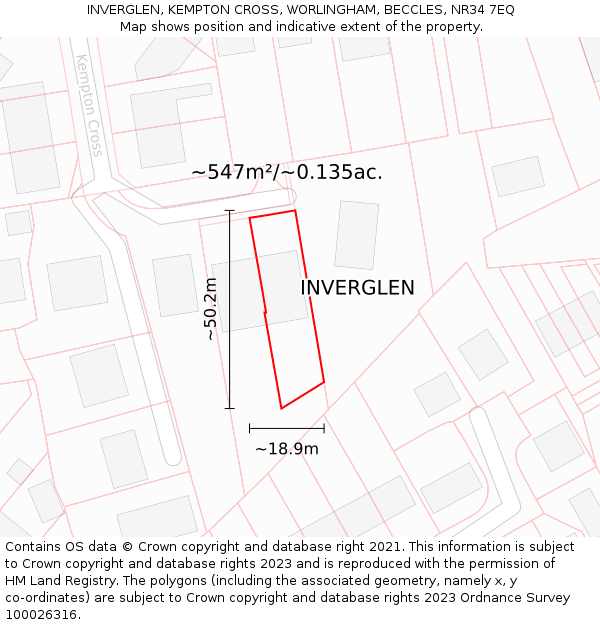 INVERGLEN, KEMPTON CROSS, WORLINGHAM, BECCLES, NR34 7EQ: Plot and title map