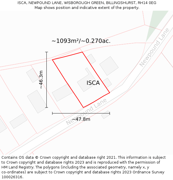 ISCA, NEWPOUND LANE, WISBOROUGH GREEN, BILLINGSHURST, RH14 0EG: Plot and title map