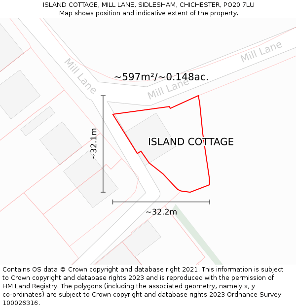 ISLAND COTTAGE, MILL LANE, SIDLESHAM, CHICHESTER, PO20 7LU: Plot and title map