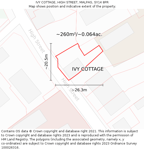 IVY COTTAGE, HIGH STREET, MALPAS, SY14 8PR: Plot and title map